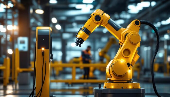 A photograph of a sleek industrial robotic arm in action