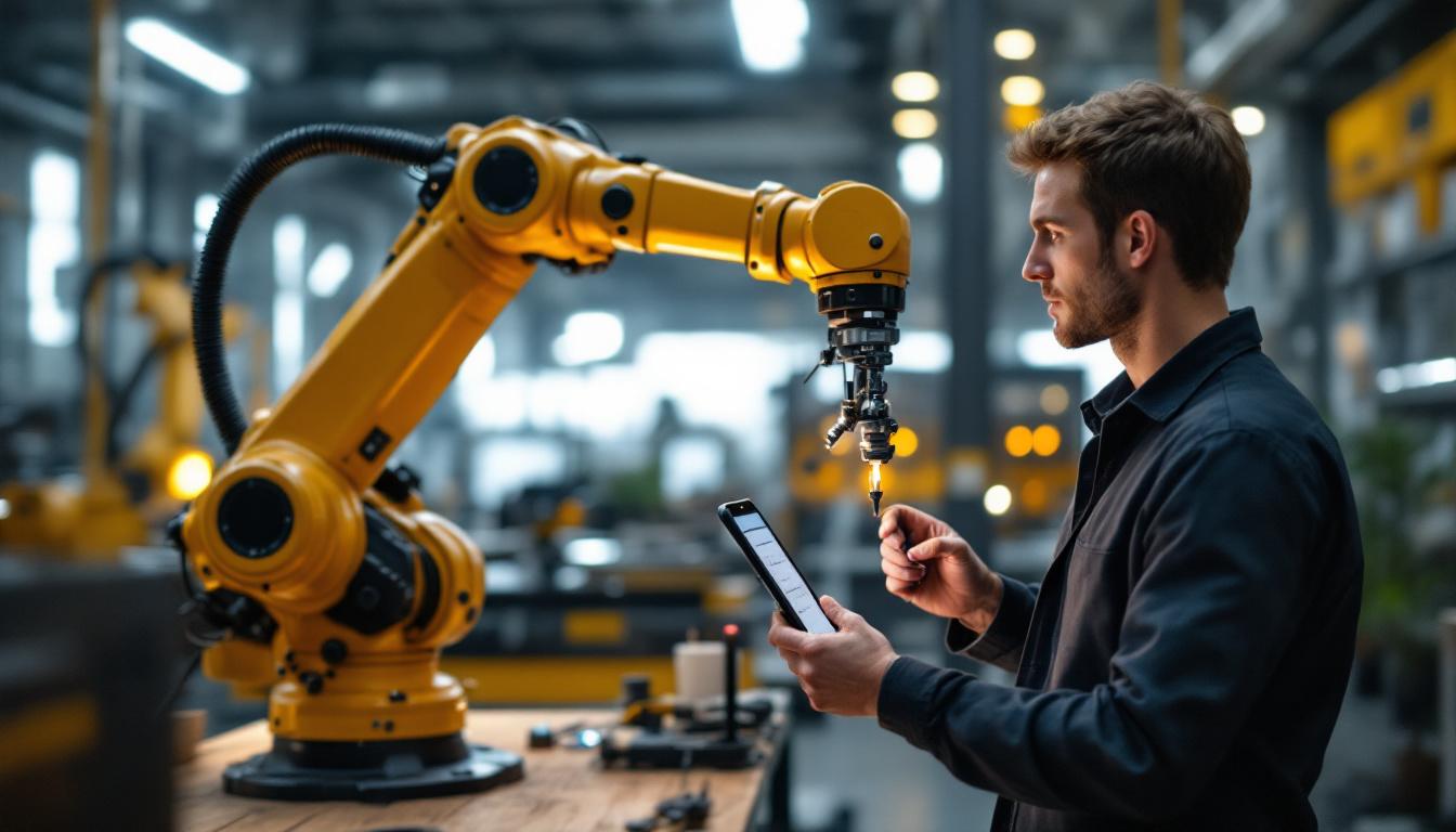 A photograph of a person who is 5'2" using an industrial robotic arm to demonstrate the ideal cane height