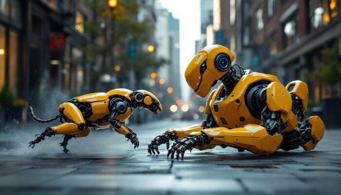 A photograph of a dynamic scene showcasing both a robotic animal and an industrial robot in action