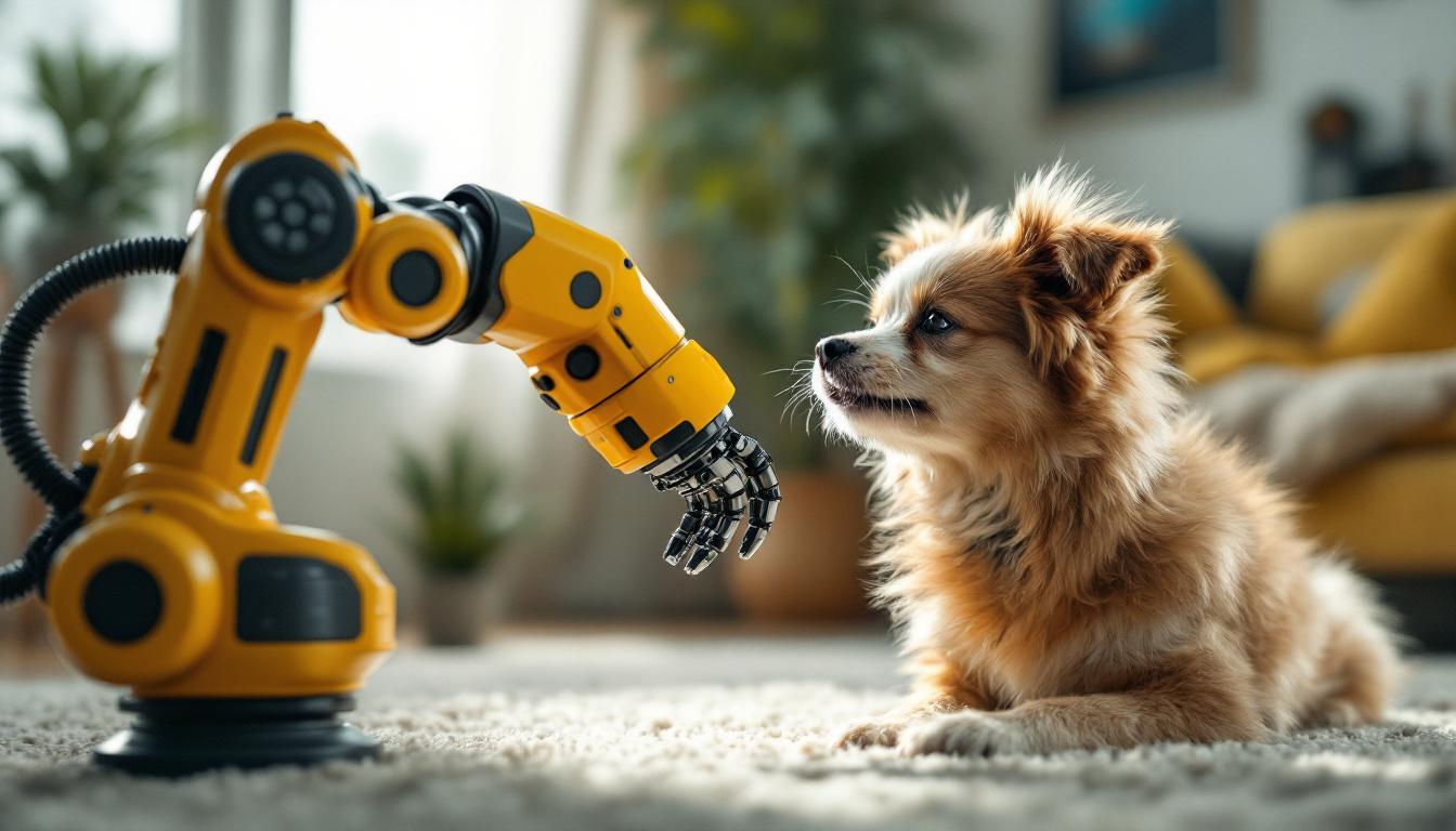 A photograph of a playful dog interacting with a robotic arm in a home setting
