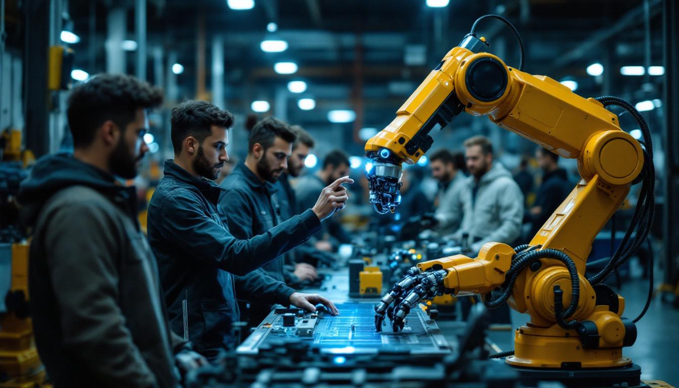 A photograph of a diverse group of apprentices actively engaged in hands-on training with industrial robots in a modern workshop setting