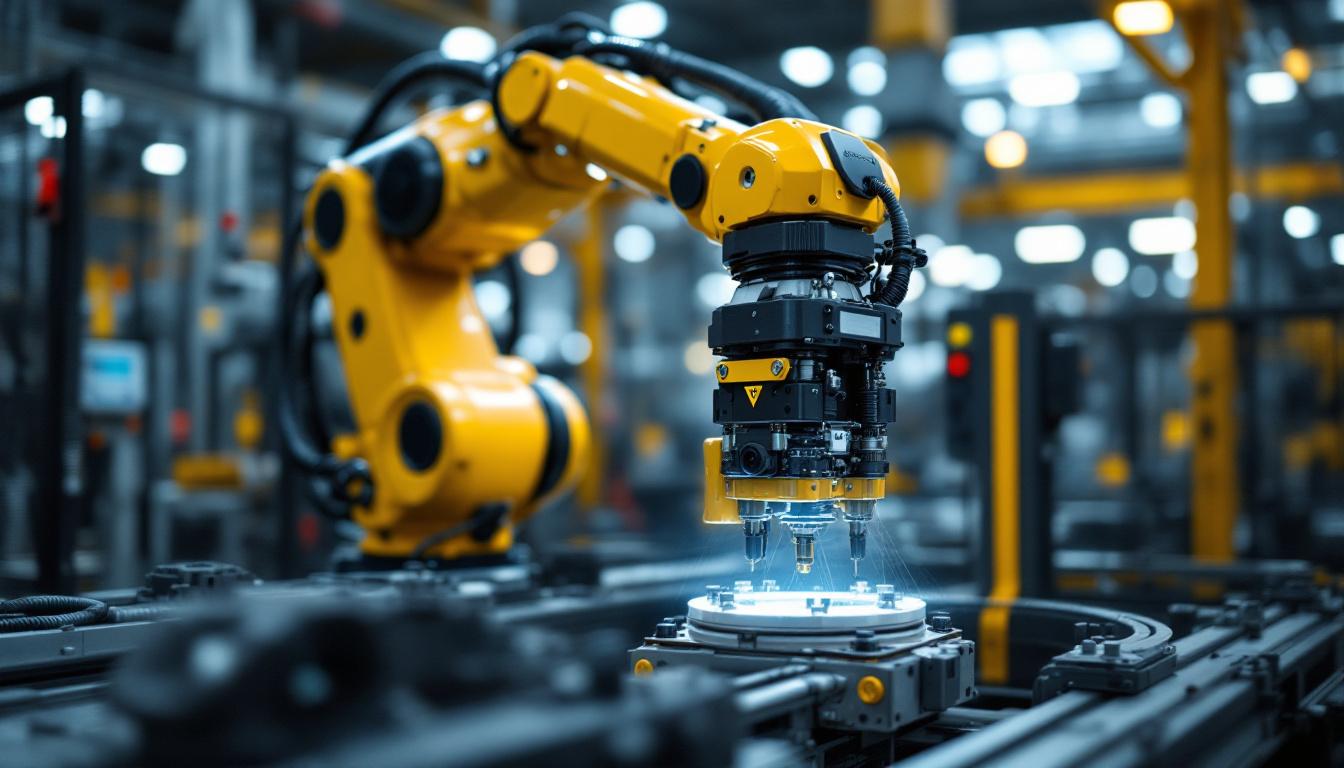 A photograph of a robust industrial robotic arm in action