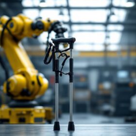 A photograph of a four-legged walking cane resting beside an industrial robotic arm in a well-lit workshop environment