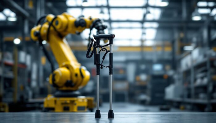 A photograph of a four-legged walking cane resting beside an industrial robotic arm in a well-lit workshop environment