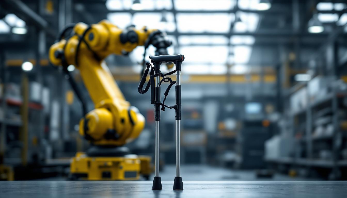 A photograph of a four-legged walking cane resting beside an industrial robotic arm in a well-lit workshop environment