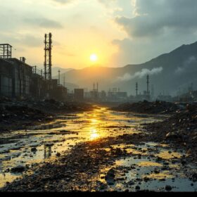 A photograph of a serene yet haunting landscape of the fukushima nuclear power plant site