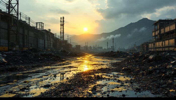 A photograph of a serene yet haunting landscape of the fukushima nuclear power plant site
