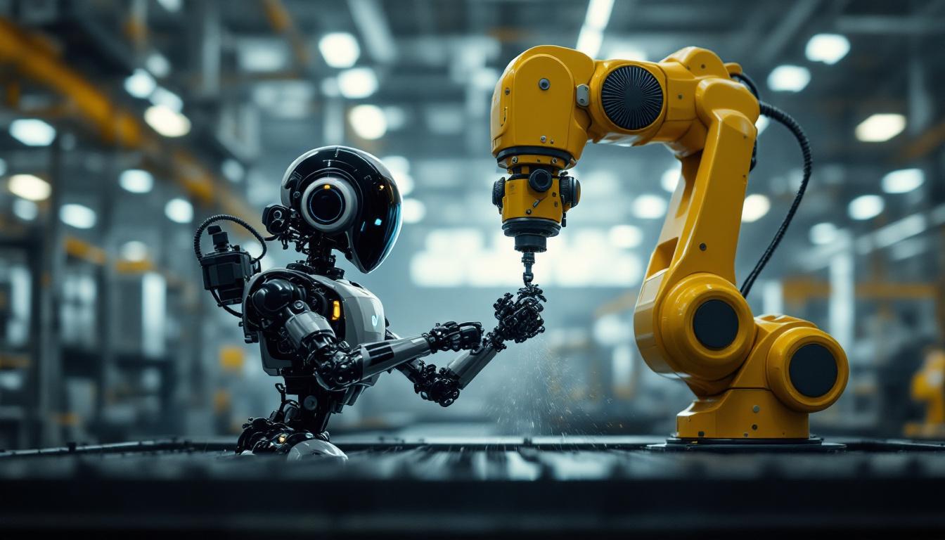 A photograph of a spot robot and an industrial robotic arm working collaboratively in a dynamic industrial setting