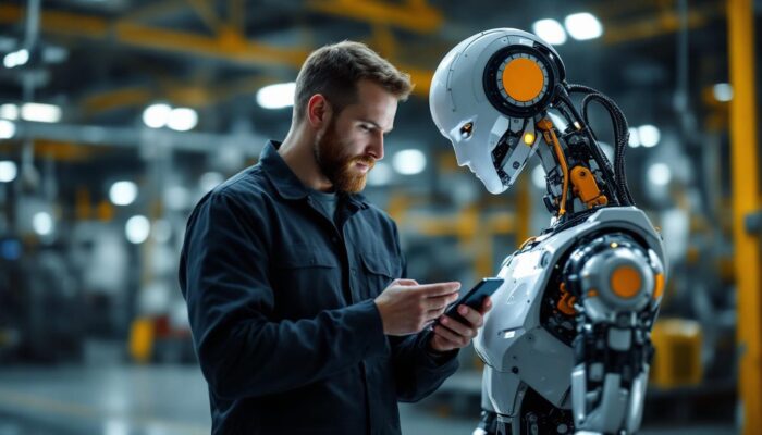 A photograph of capture a photograph of a technician using a smartphone to inspect an industrial robot in a factory setting