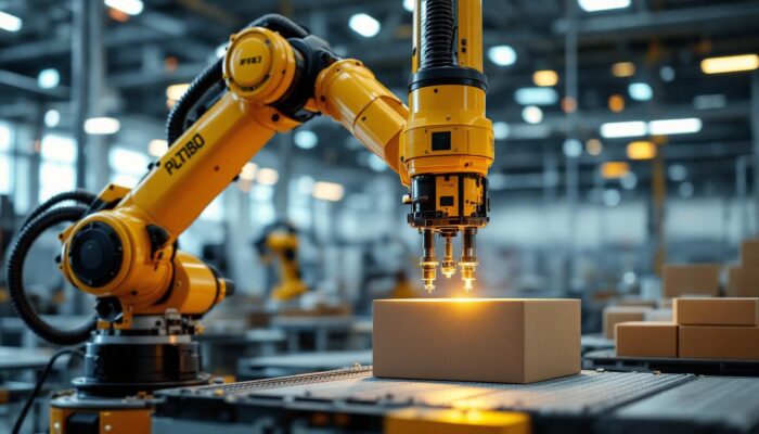 A photograph of a modern industrial setting featuring a robotic arm performing automated visual inspection on products