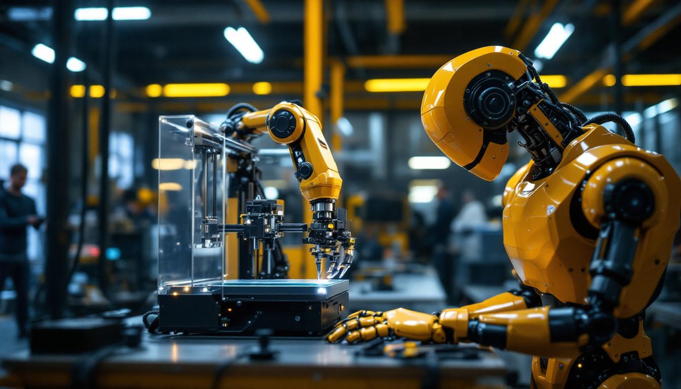 A photograph of a dynamic scene showcasing a 3d printer in action alongside an industrial robot