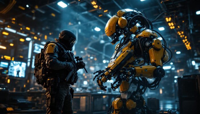 A photograph of a dynamic scene showcasing a tactical operator in a high-tech environment