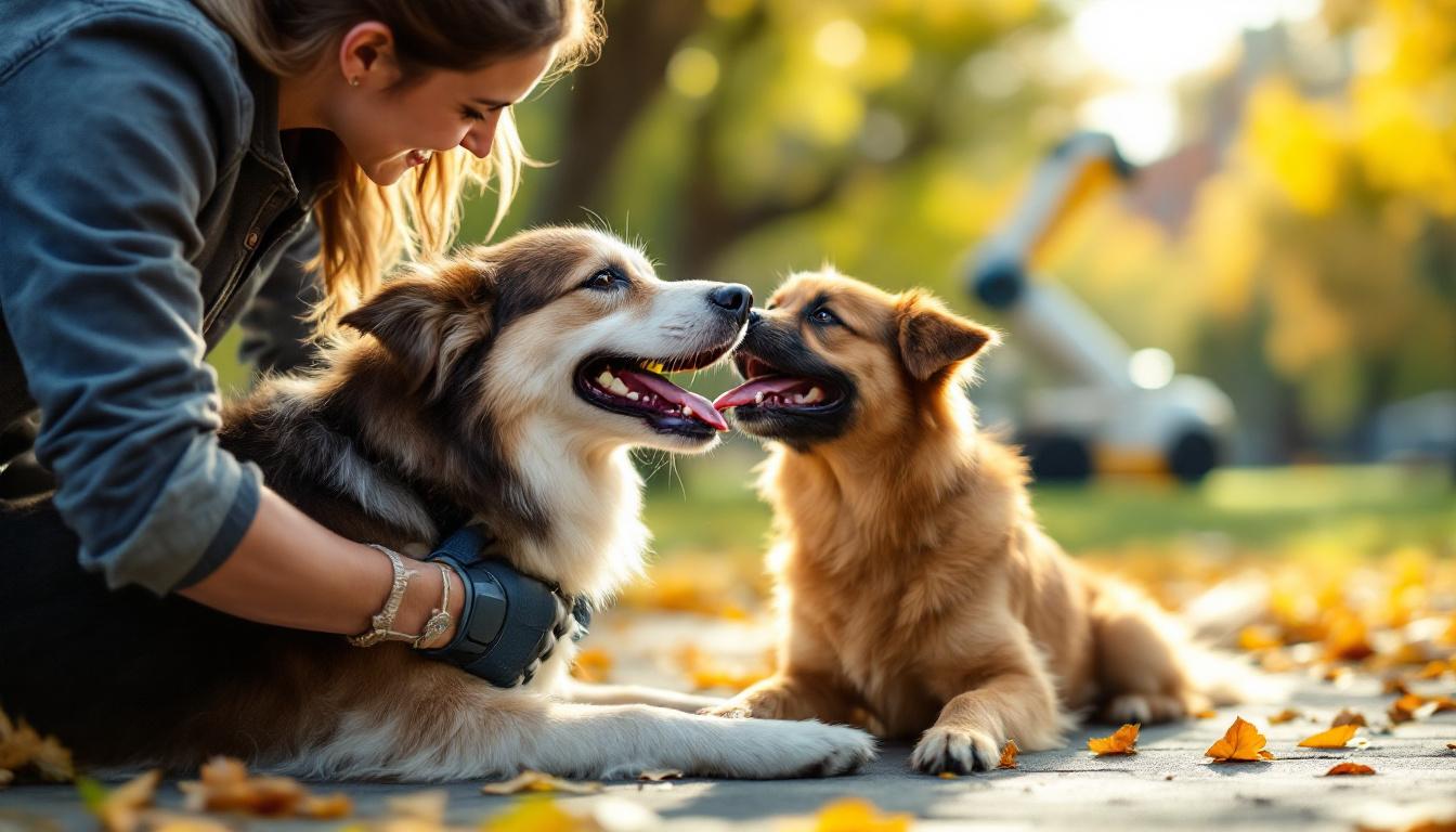 A photograph of a pet sitter engaging playfully with a happy dog in a vibrant boston park