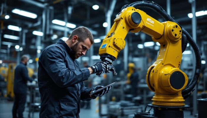 A photograph of a skilled technician performing maintenance on an atlas robotic arm in a modern industrial setting