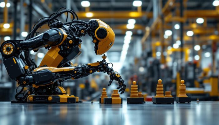 A photograph of capture a photograph of a sleek industrial robot in action