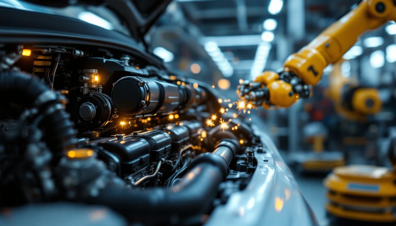A photograph of a close-up view of a car engine with visible components