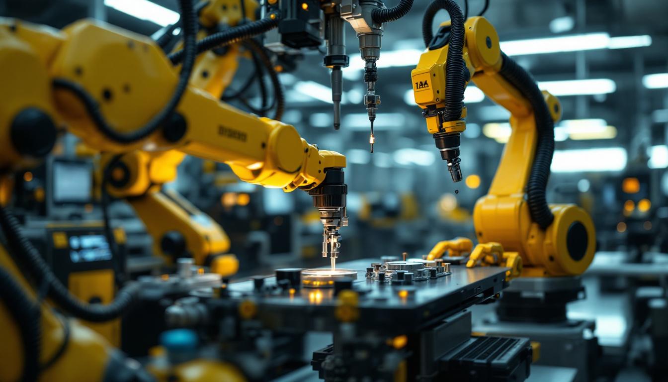 A photograph of a modern medical facility showcasing advanced industrial robotics in action