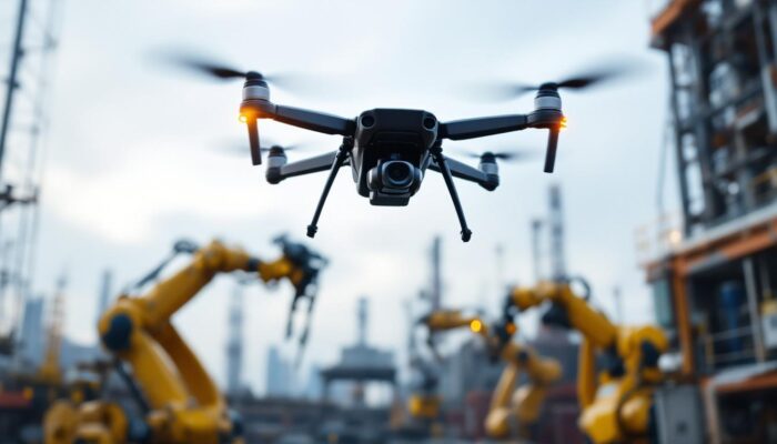 A photograph of a dynamic scene showcasing a drone flying over an industrial site