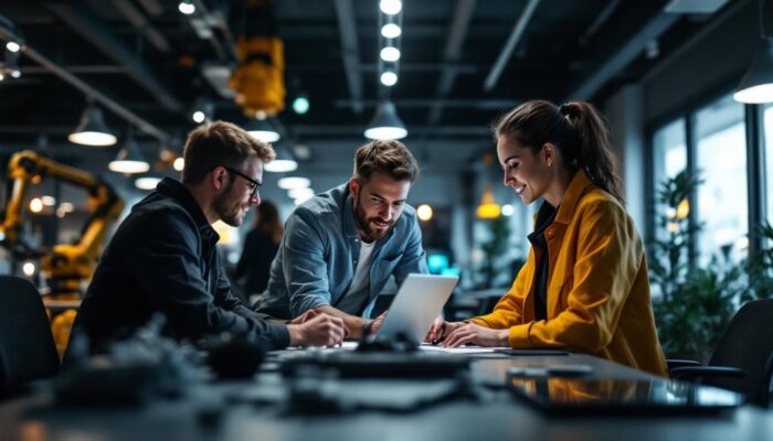 A photograph of a dynamic product management team collaborating in a modern office space