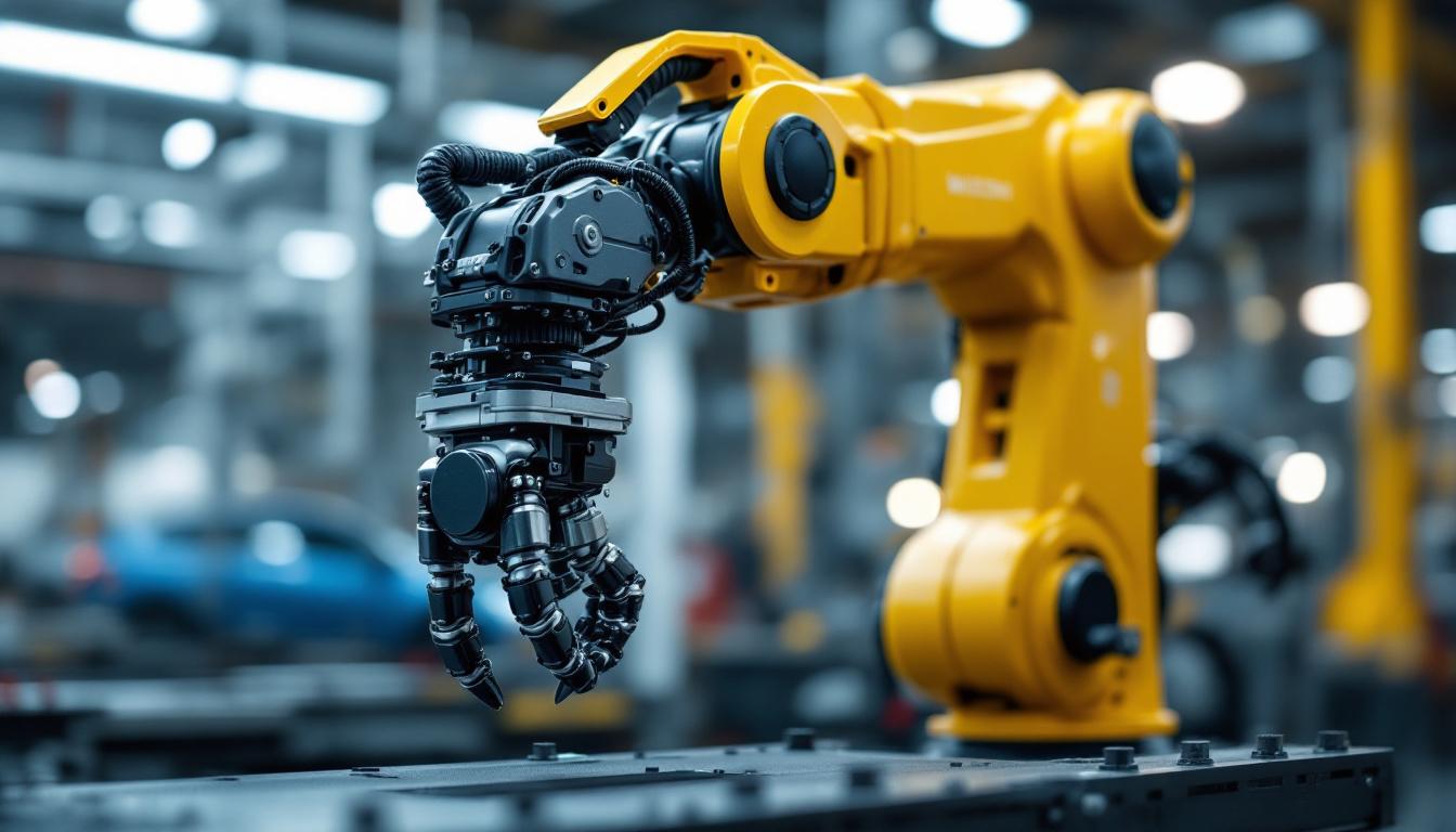 A photograph of capture a photograph of a sleek industrial robotic arm in action