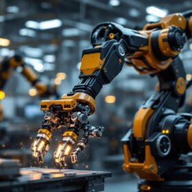 A photograph of a sleek industrial robotic arm in action