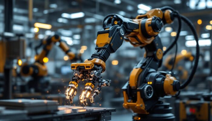 A photograph of a sleek industrial robotic arm in action