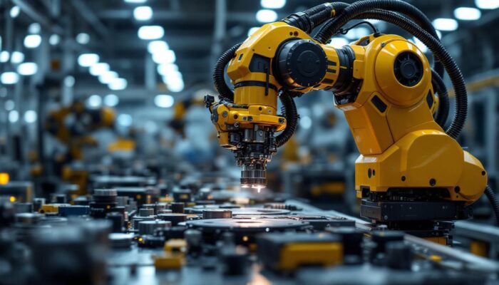 A photograph of a modern industrial robot in action