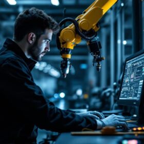 A photograph of a skilled technician programming an industrial robot at a workstation