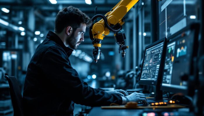 A photograph of a skilled technician programming an industrial robot at a workstation