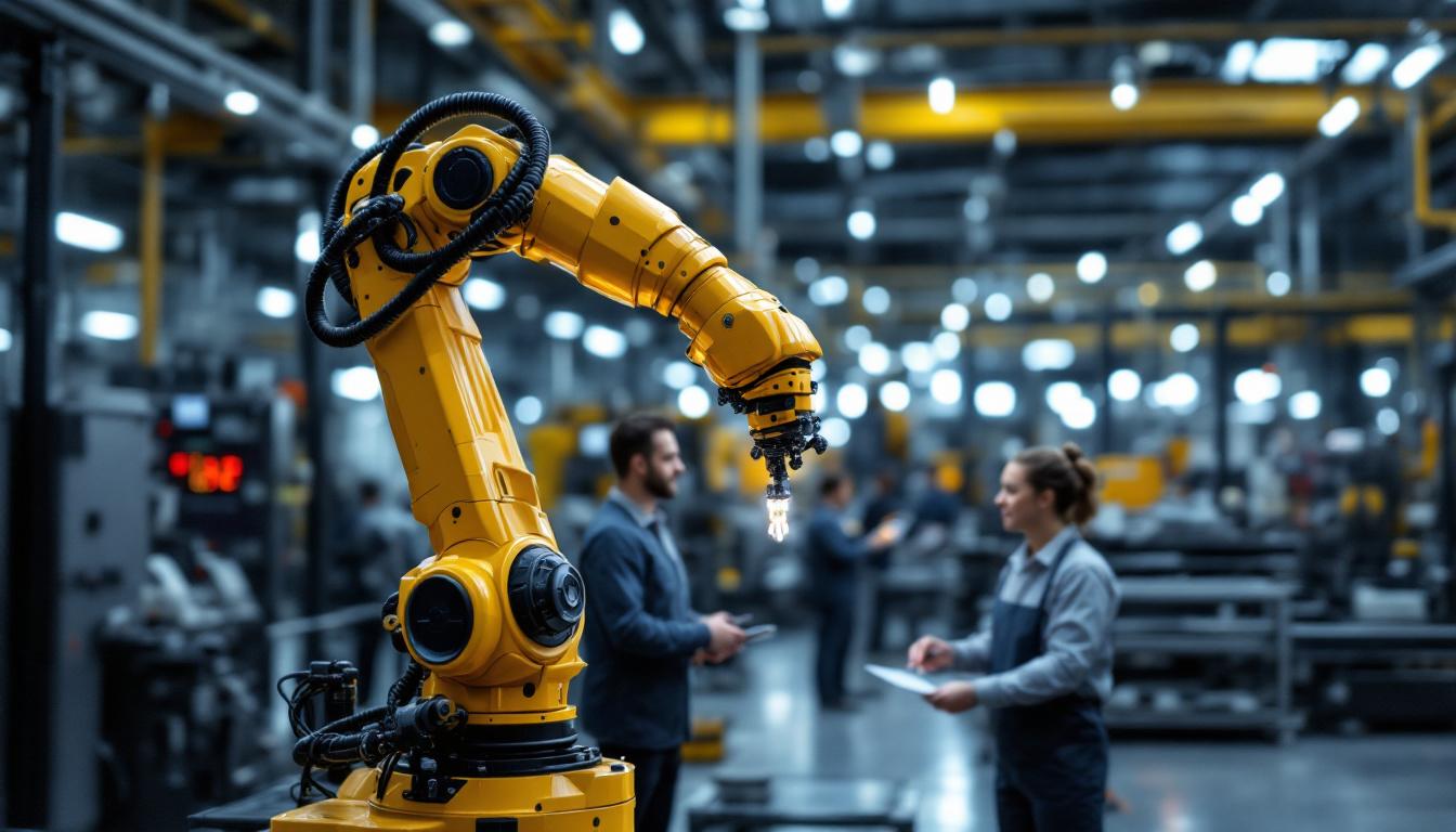 A photograph of a modern industrial setting showcasing a robotic arm in action