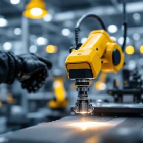 A photograph of a skilled technician operating an l handle on an industrial robotic arm in a modern manufacturing environment