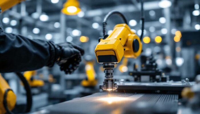 A photograph of a skilled technician operating an l handle on an industrial robotic arm in a modern manufacturing environment