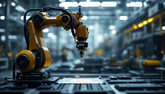 A photograph of a sleek industrial robot in action