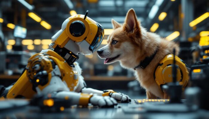 A photograph of a dynamic scene showcasing a tech-savvy dog interacting with an industrial robot in a modern workspace