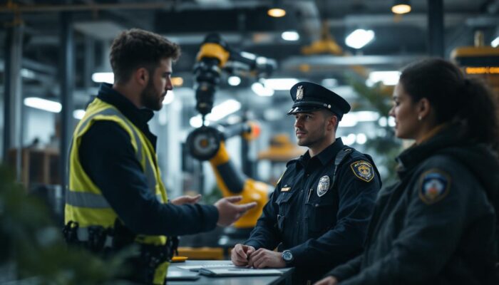 A photograph of capture a photograph of a boston police officer engaging with a civilian employee in a modern office setting