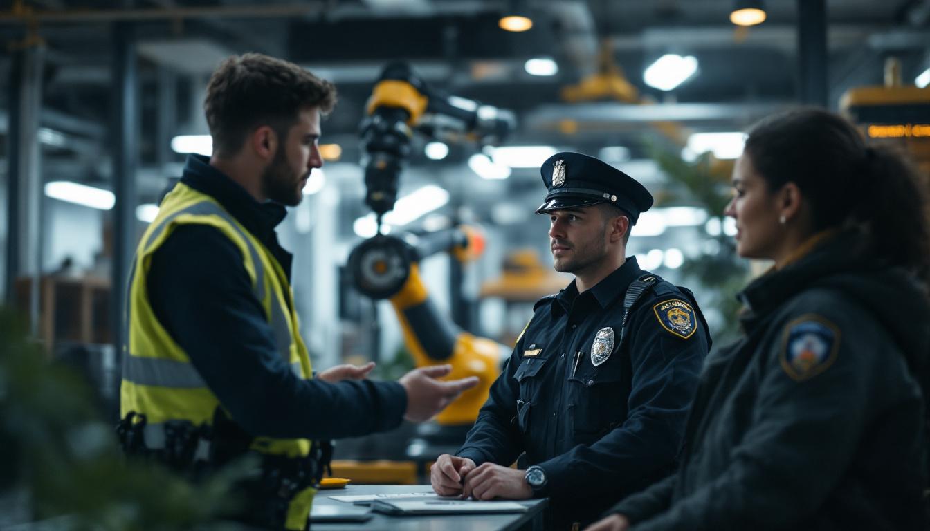 A photograph of capture a photograph of a boston police officer engaging with a civilian employee in a modern office setting