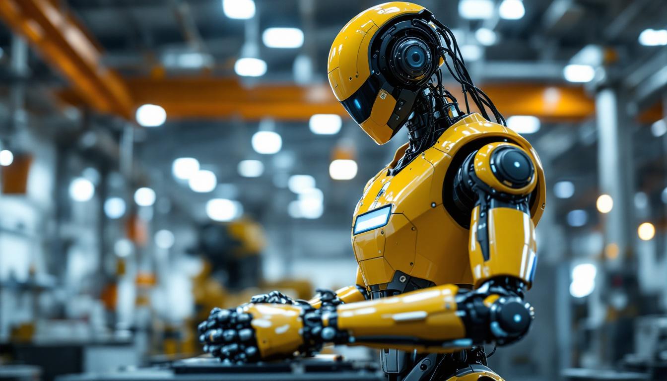 A photograph of a life-sized humanoid robot in an industrial setting