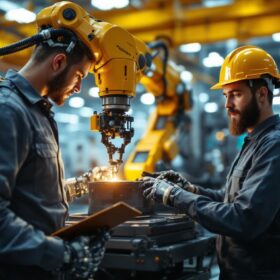 A photograph of a dynamic industrial robotics workspace