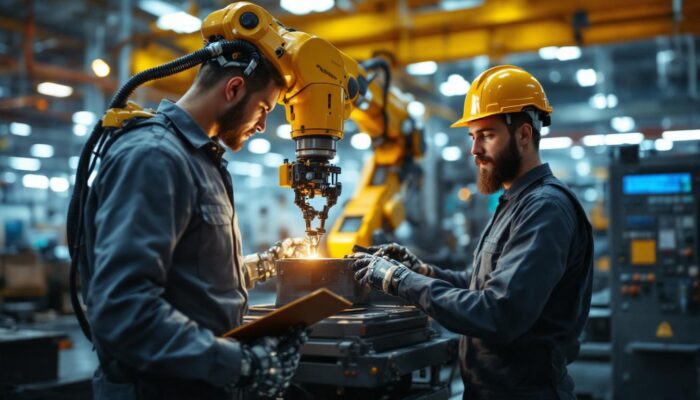 A photograph of a dynamic industrial robotics workspace