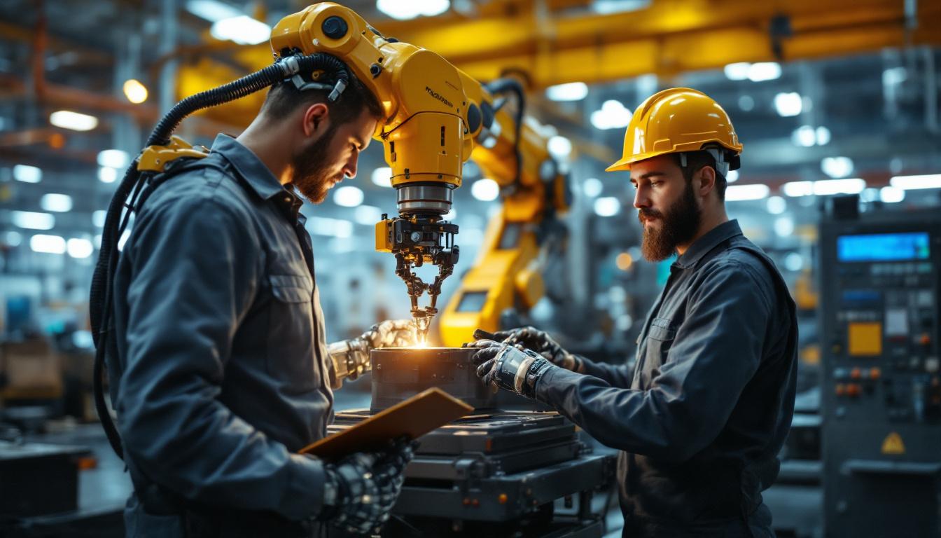 A photograph of a dynamic industrial robotics workspace