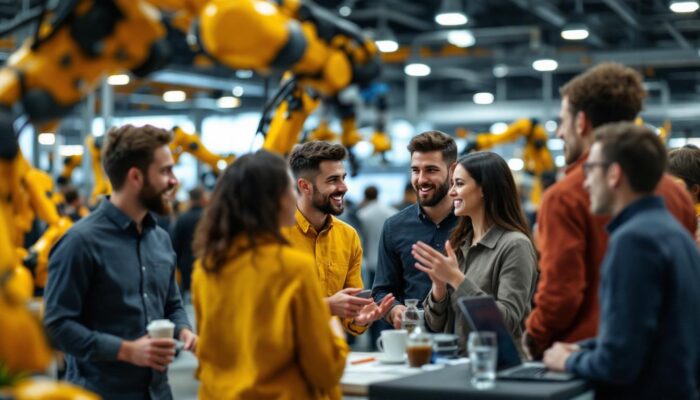 A photograph of a diverse group of software engineers and industry professionals engaging in lively discussions at a networking event