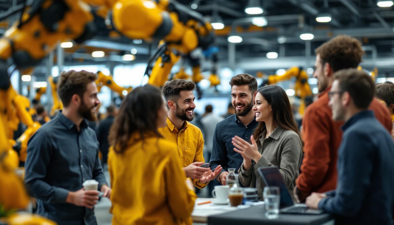 A photograph of a diverse group of software engineers and industry professionals engaging in lively discussions at a networking event