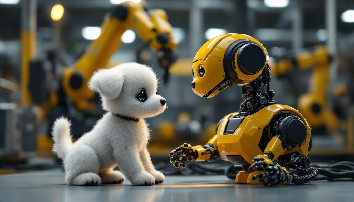 A photograph of a playful robotic puppy interacting with an industrial robotic arm in a modern workshop setting
