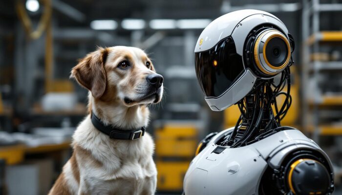 A photograph of a lab dog standing beside a sleek industrial robot in a modern workshop setting