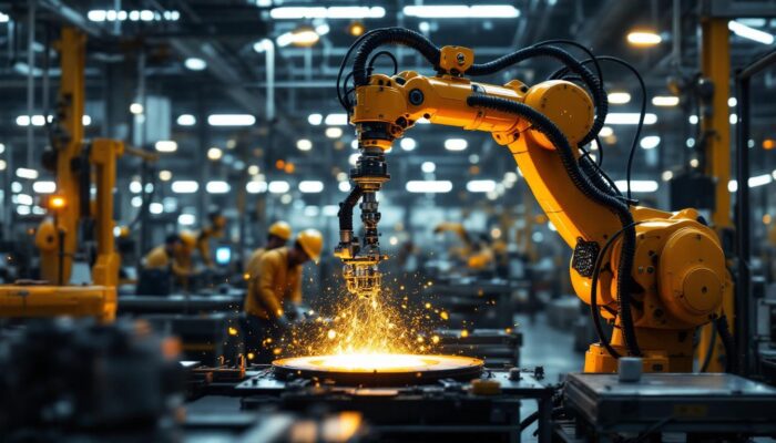 A photograph of a dynamic industrial setting featuring a robotic arm in action