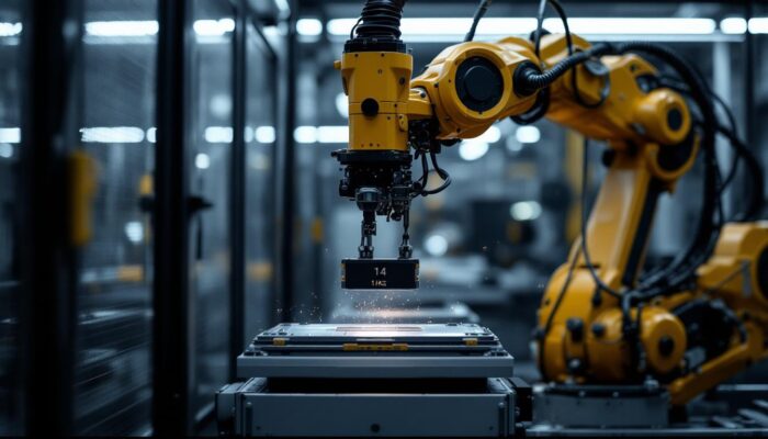 A photograph of a dynamic industrial robot in action