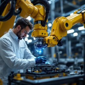 A photograph of a skilled technician operating a state-of-the-art industrial robotic arm in a modern manufacturing environment