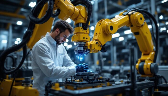 A photograph of a skilled technician operating a state-of-the-art industrial robotic arm in a modern manufacturing environment