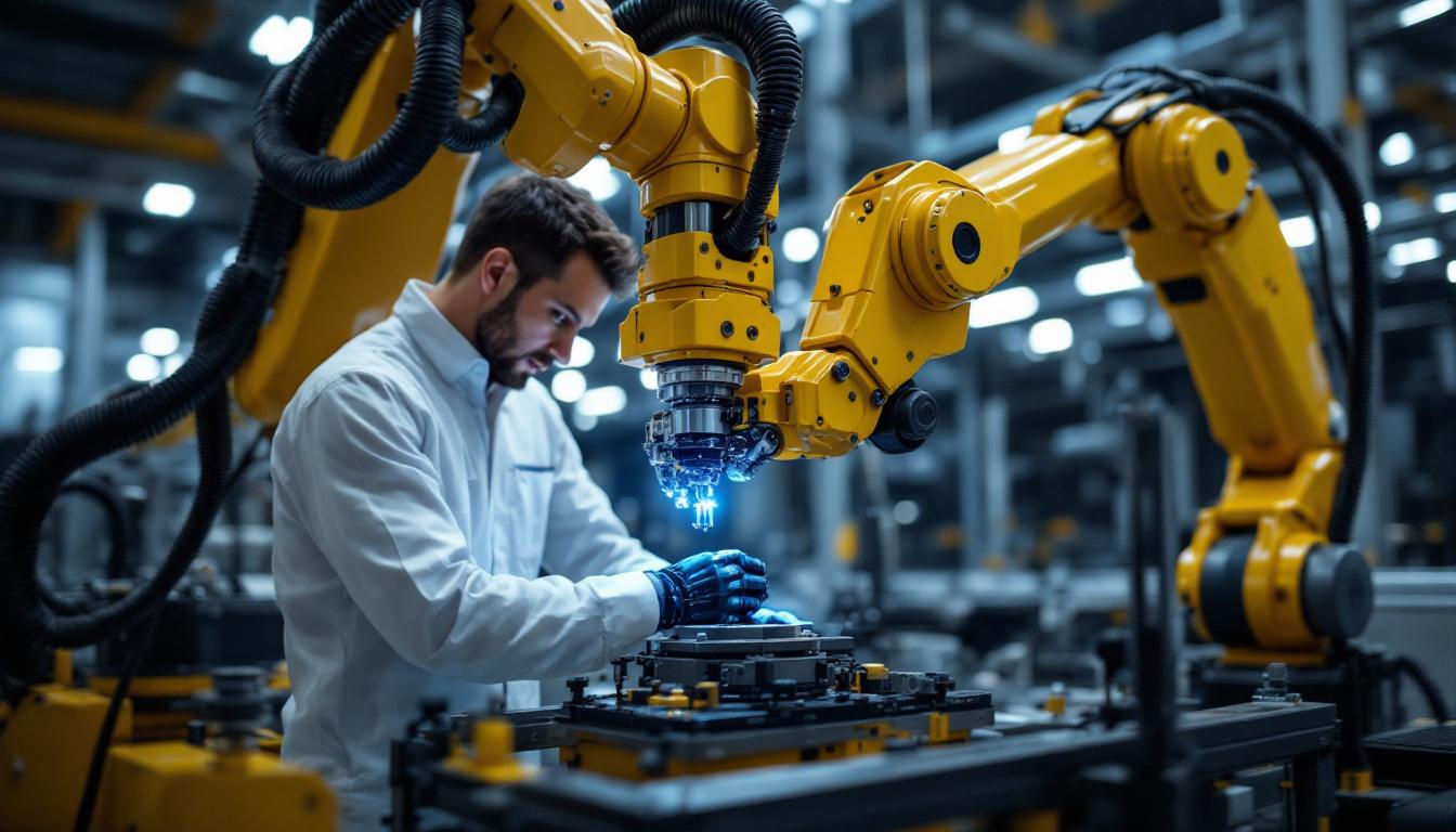 A photograph of a skilled technician operating a state-of-the-art industrial robotic arm in a modern manufacturing environment