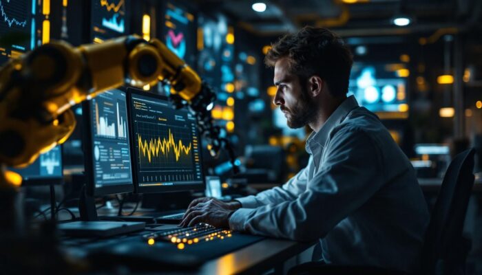 A photograph of a biomedical data scientist working intently at a computer